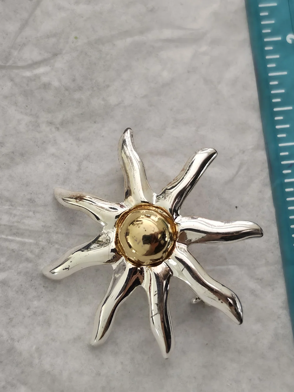 Vintage Sunburst Metal Brooch in Silver and Gold